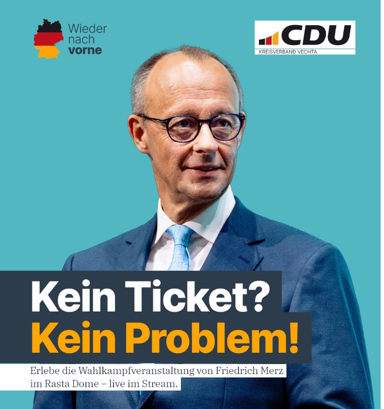 Merz in Vechta: Kein Ticket? Kein Problem! Hier zum Livestream!